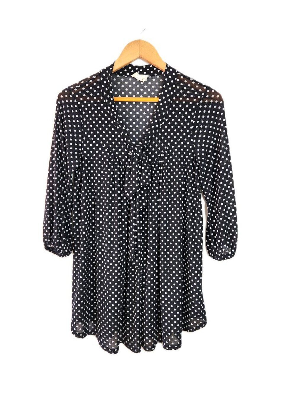 Ember Missy Black White Polka Dot Sheer Long Sleeve Blouse size S